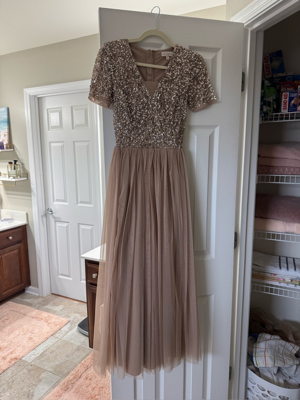 Sequin Bodice Tulle Maxi Dress in Blush